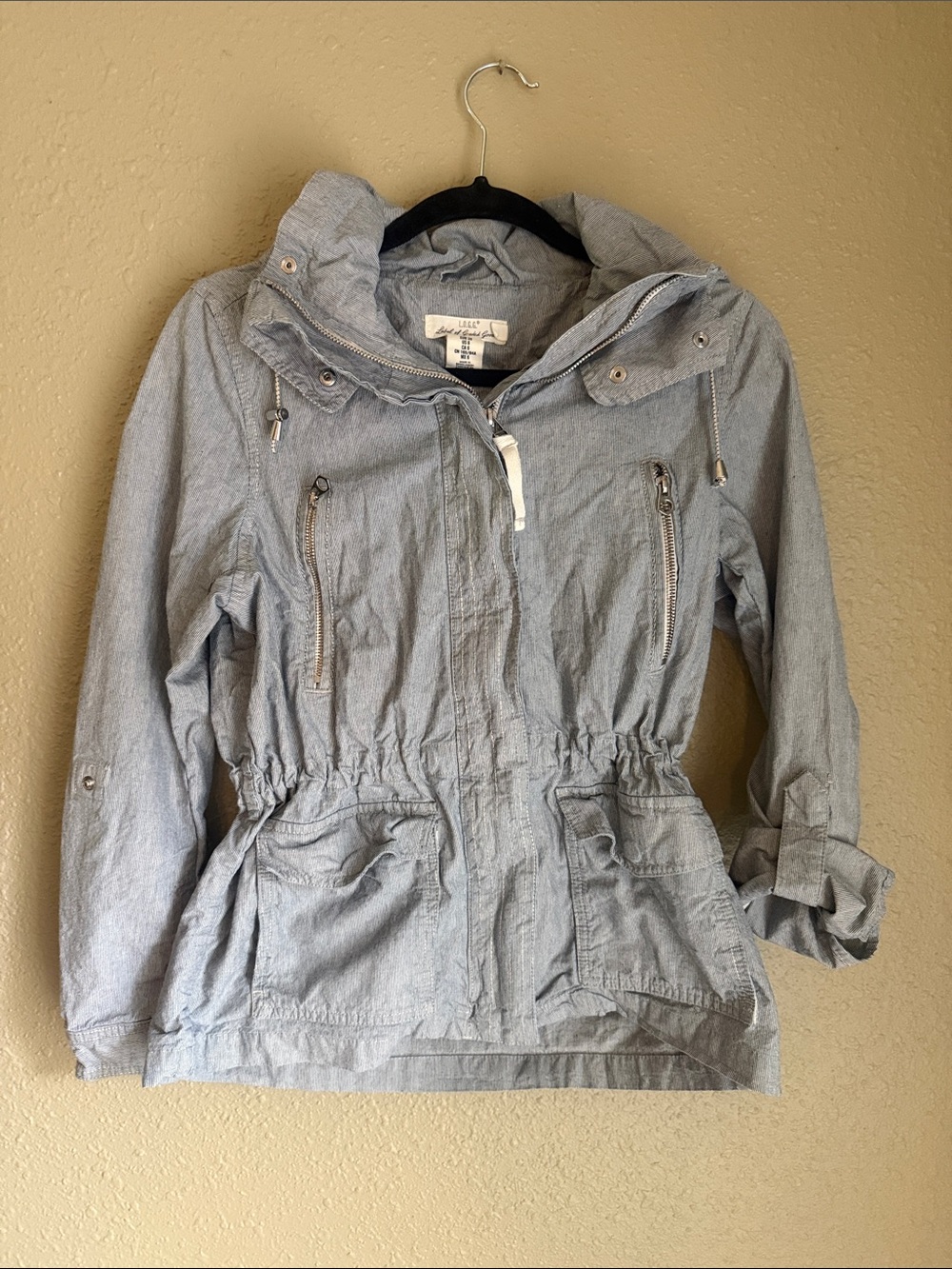 Light Blue striped Drawstring Utility Jacket with Hood